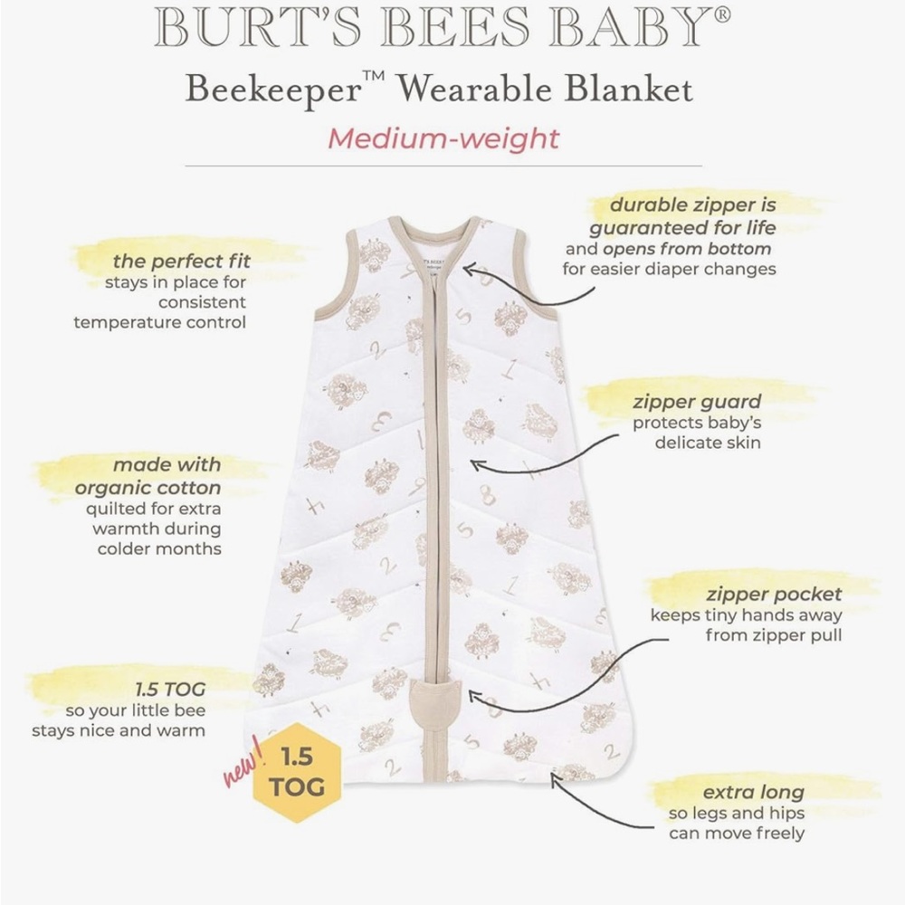 Burt's Bee Baby Beekeeper Wearable Blanket, Quilted Gray, TOG 1.5, Medium - Picture 5 of 7